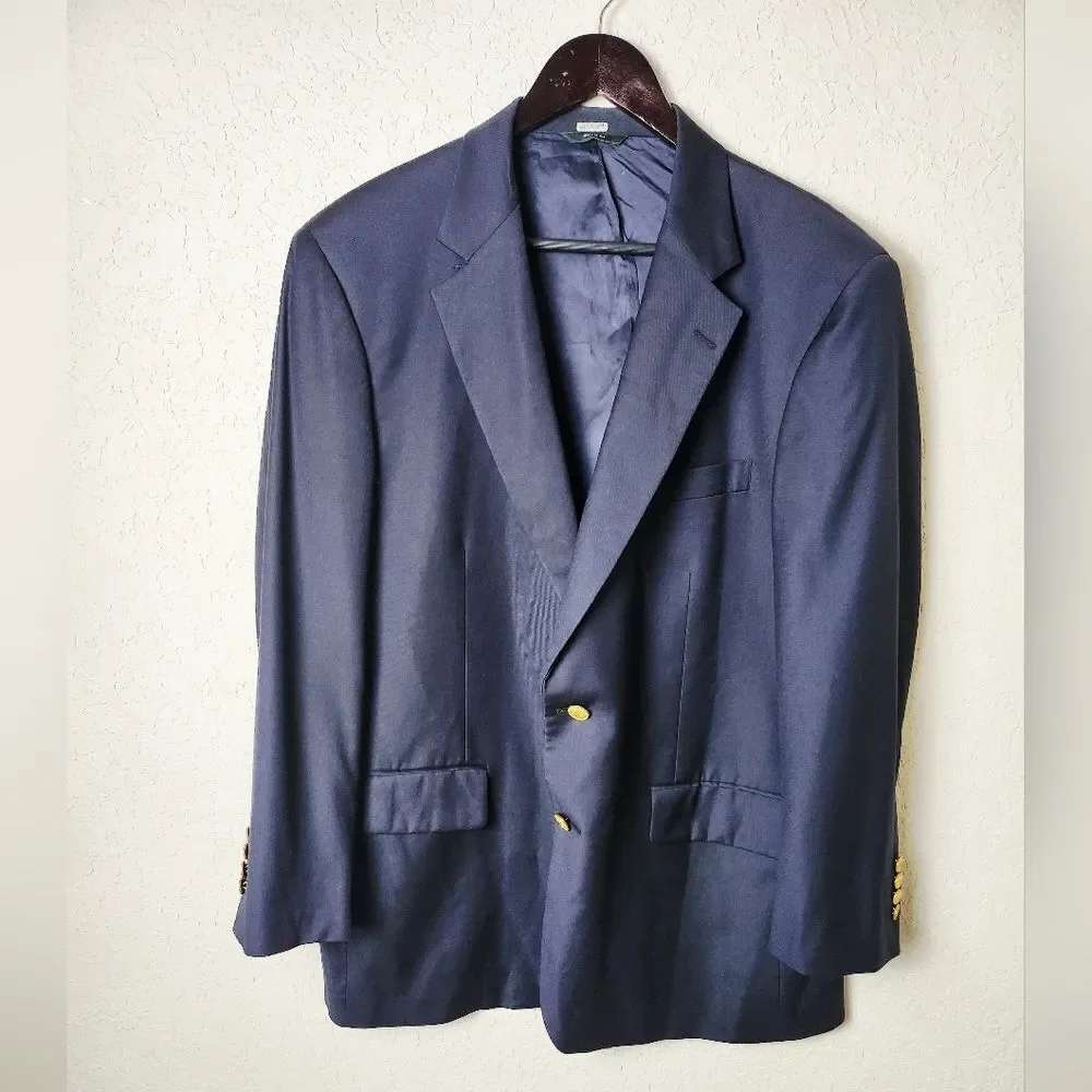 Brooks Brothers Wool Loro Piana Italy Gold Button Blazer Navy Blue Size 46R